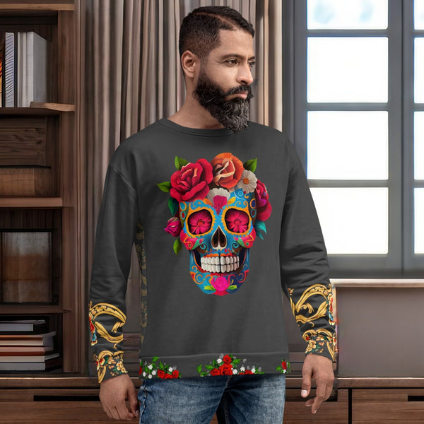 Vibrant Dia de los Muertos Sweatshirt with sugar skull motif from Cosmovisions' Dia de los Muertos collection